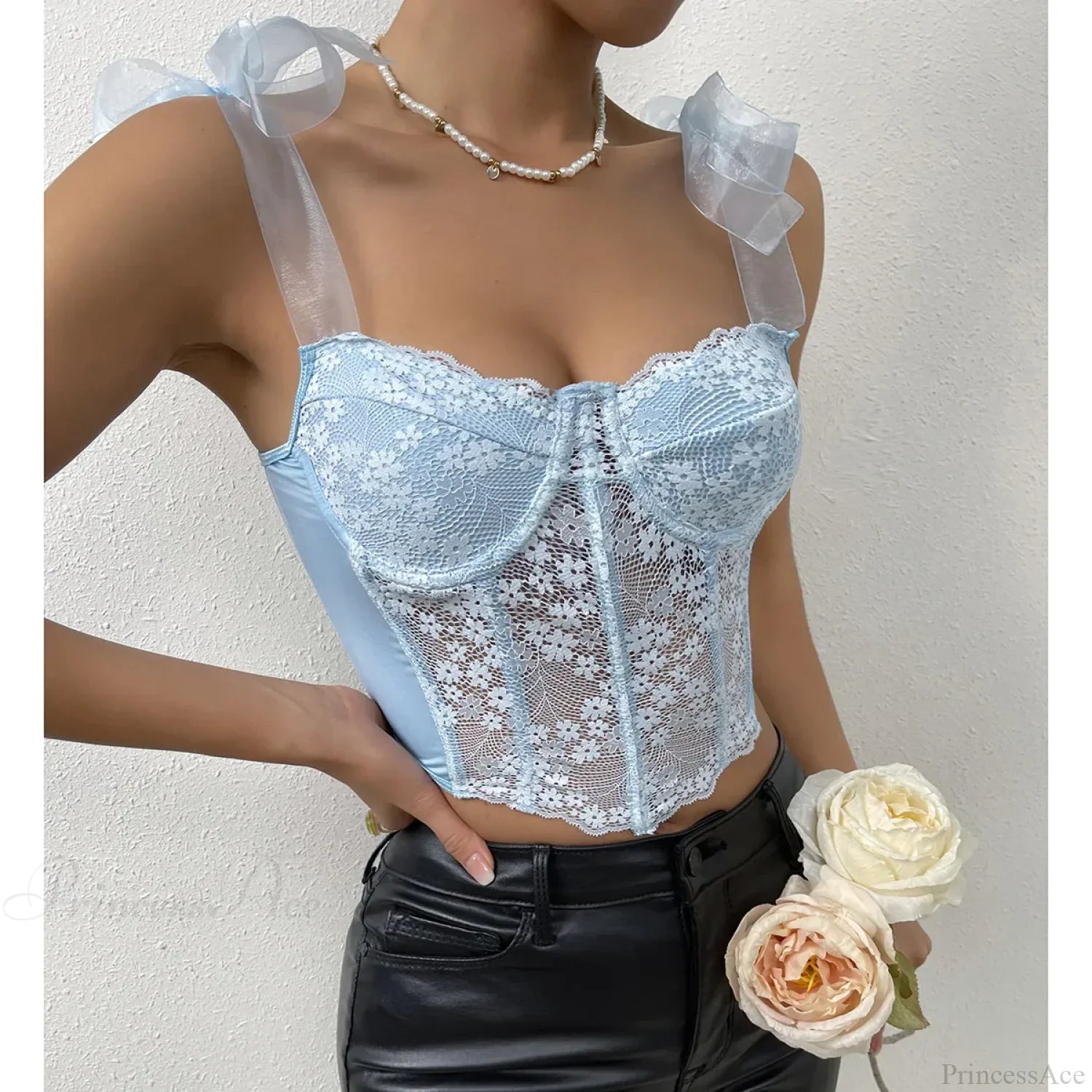 Mesh Bow Floral Corset Fishbone Crop Top Blue / S croptop-250126