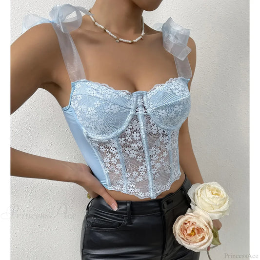Mesh Bow Floral Corset Fishbone Crop Top Blue / S croptop-250126