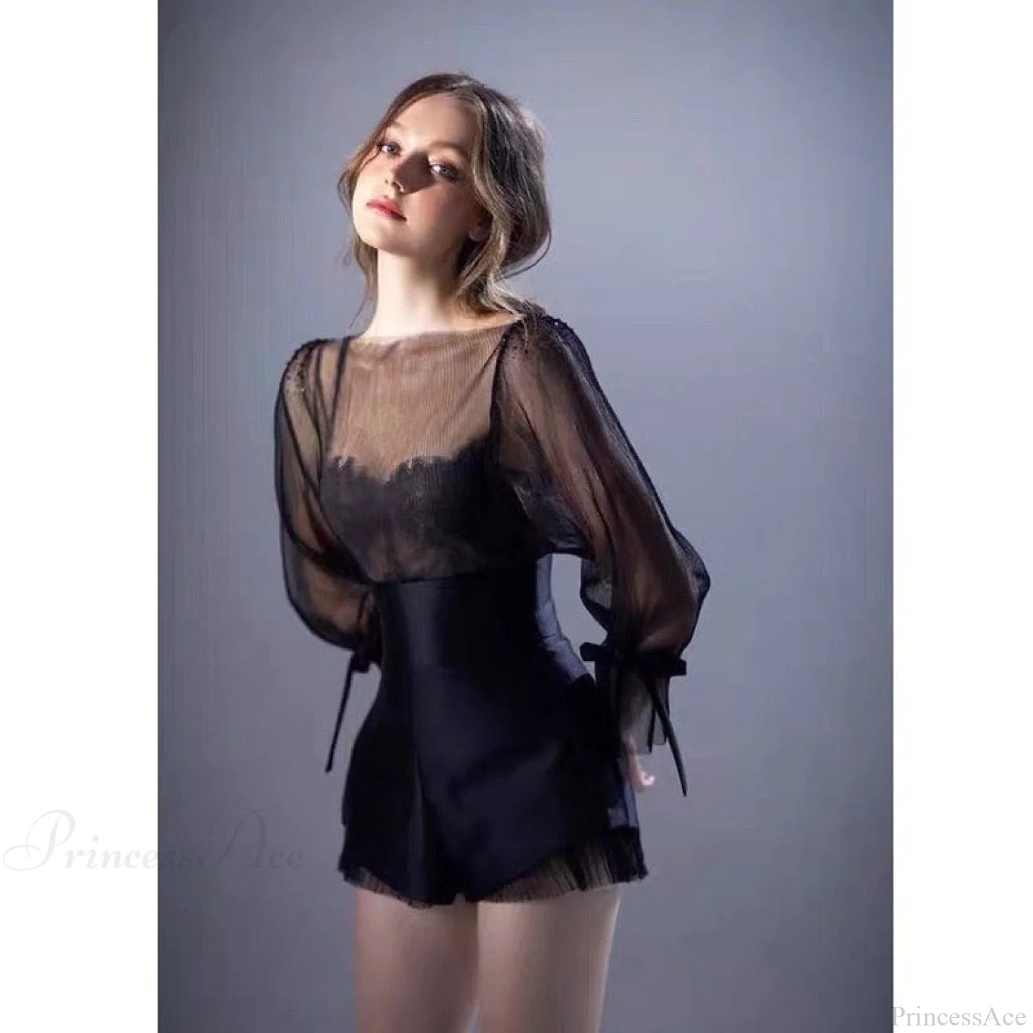 French Warm-Season Blouse Sling Retro Mujer Slimming Arm Blusas Women Mesh Sexy Top Long De Lace