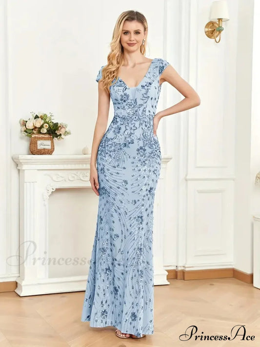 Mesh V Neck Sequin Cap Sleeve Ankle Prom Dress M / Pink Navy Blue Trumpet Mermaid Prom Dress