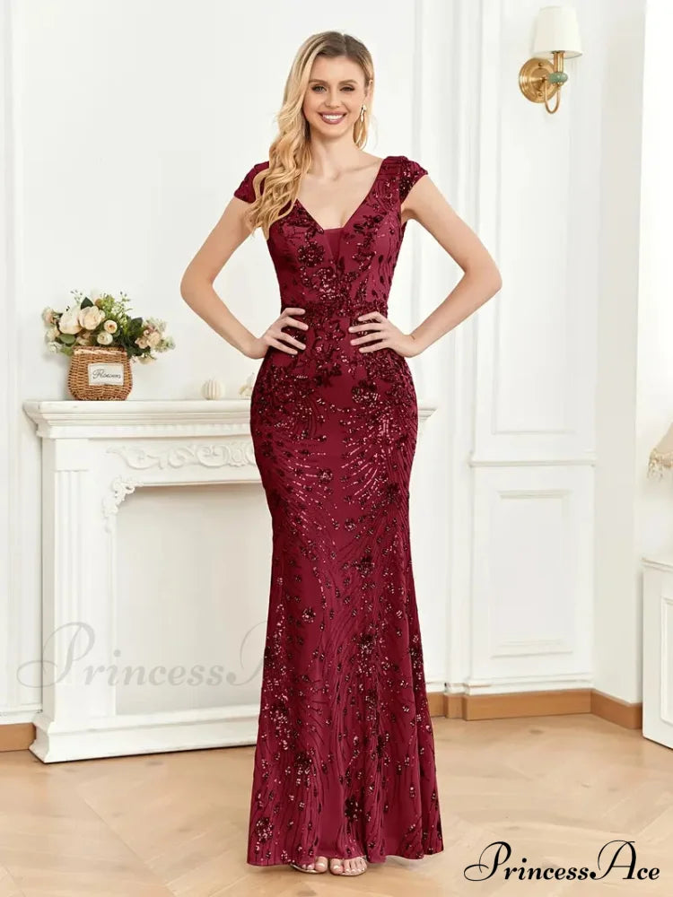 Mesh V Neck Sequin Cap Sleeve Ankle Prom Dress S / Black Navy Blue Trumpet Mermaid Prom Dress