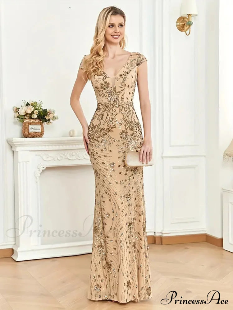 Mesh V Neck Sequin Cap Sleeve Ankle Prom Dress S / Royal Blue Navy Blue Trumpet Mermaid Prom Dress