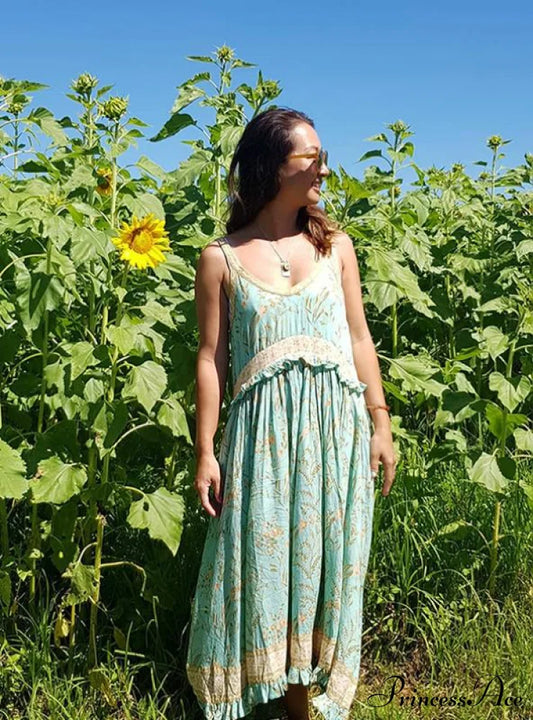 Midi Women’s Spaghetti Patterned Strap Dress S / Beige Dresses