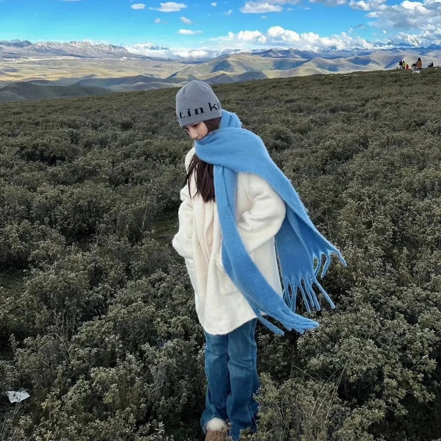 Mohair Winter Scarf - Solid Color Thickened Wool Fringed Scarfs-L