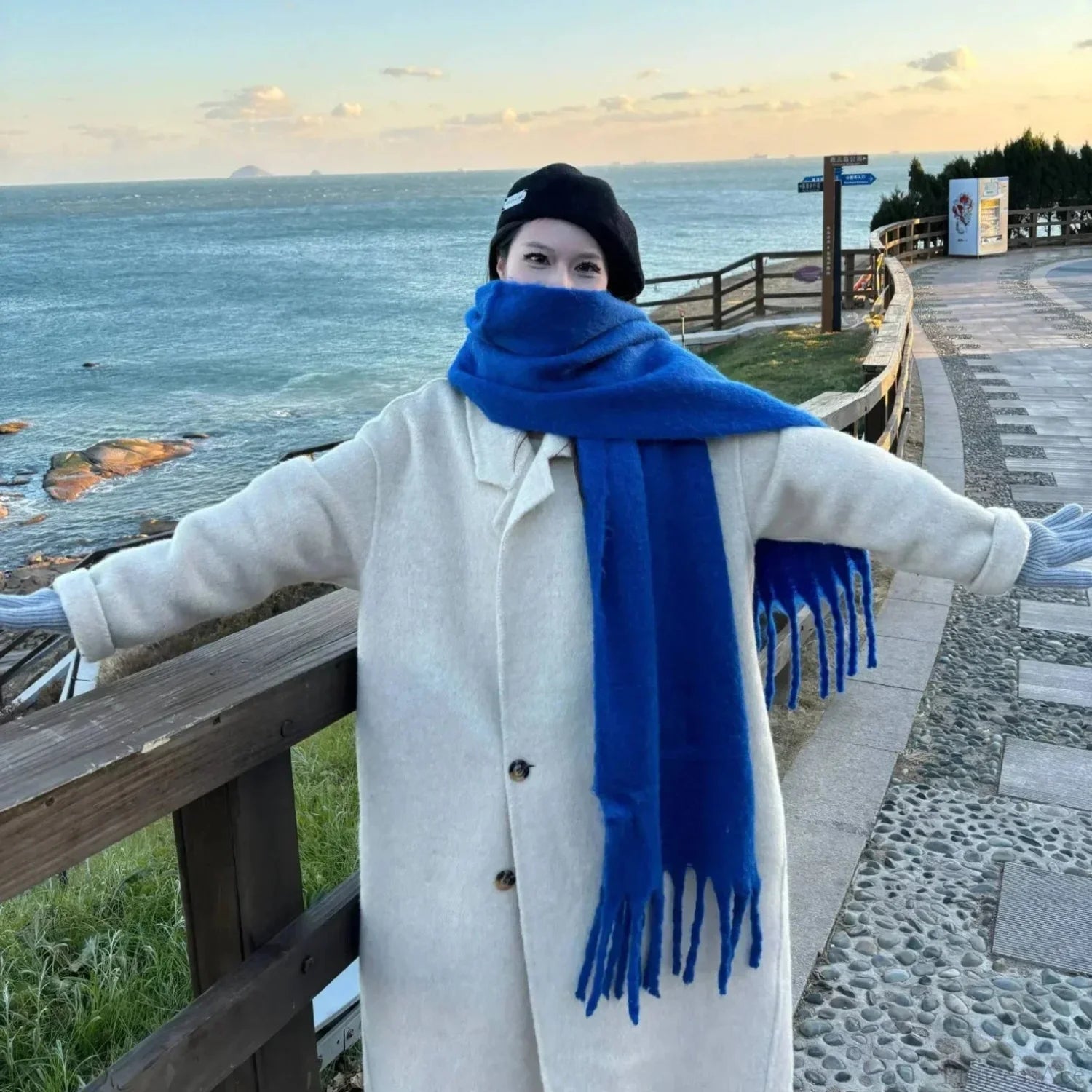 Mohair Winter Scarf - Solid Color Thickened Wool Fringed Scarfs-L