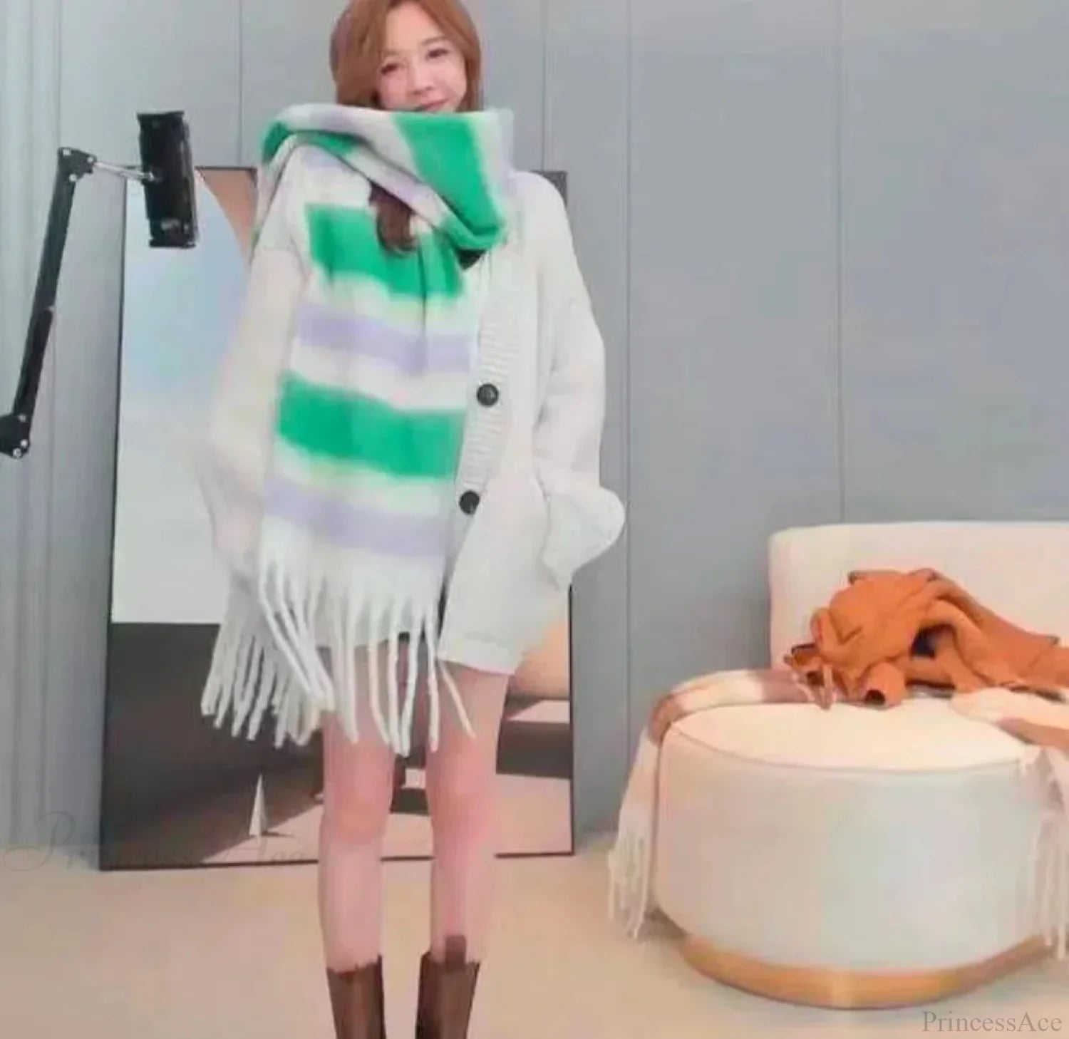 Mohair Winter Scarf - Solid Color Thickened Wool Fringed Style A Green Scarfs-L