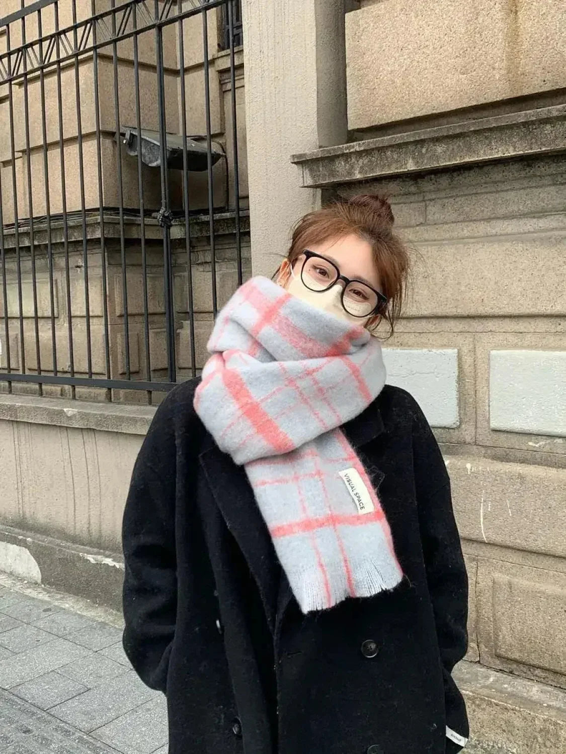 Mohair Winter Scarf - Solid Color Thickened Wool Fringed Style B Gray Pink. Scarfs-L