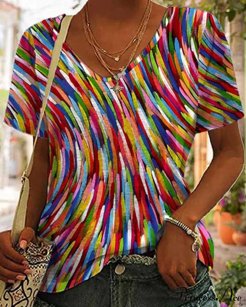 Round neck colorful print T-shirt Multicolor 23BF clothes Short Sleeve Tops Spring Summer T-shirts Tops/Blouses