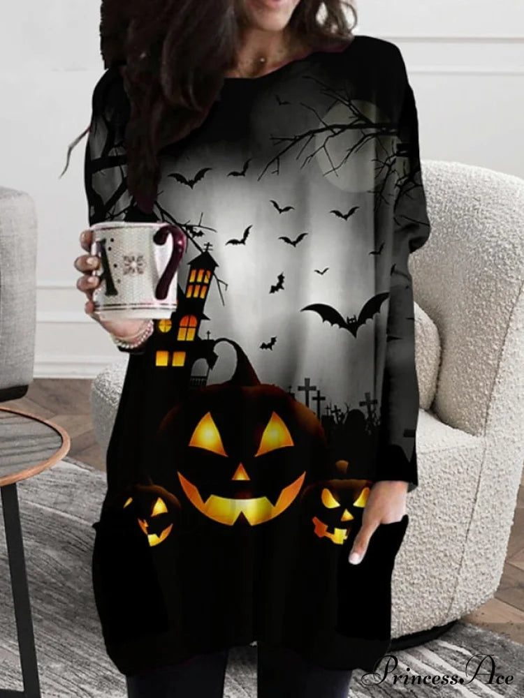 Neck Halloween Women’s Casual - Fall Crew Blouse Pumpkin Long Loose Gown With Winter Fit 2024 T