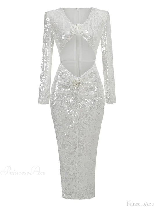 New Sexy Long Sleeves Luxury Sequins Slim Dress Hollow Flower Christmas Party White / S Dresses-L