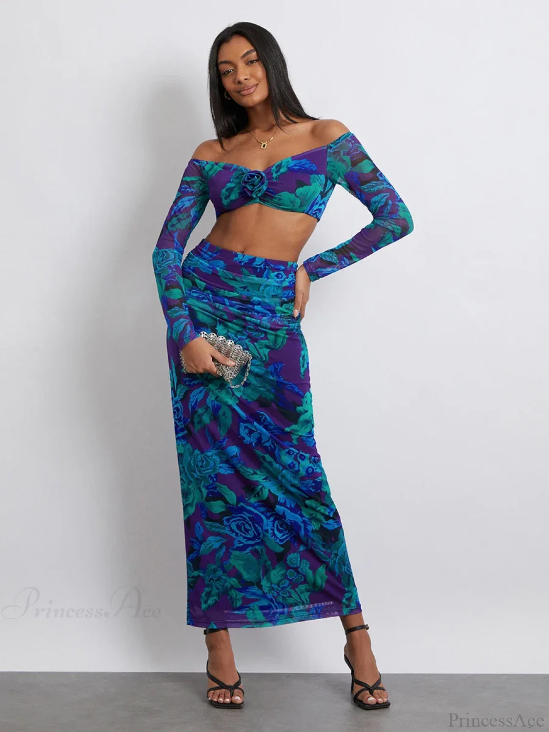 Off-Shoulder Crop Top High Waist Long Floral Skirt floraldress-250126