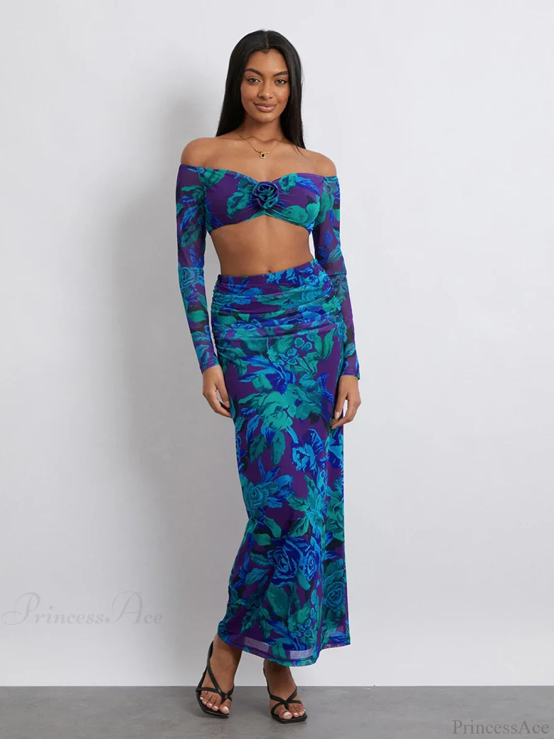 Off-Shoulder Crop Top High Waist Long Floral Skirt floraldress-250126