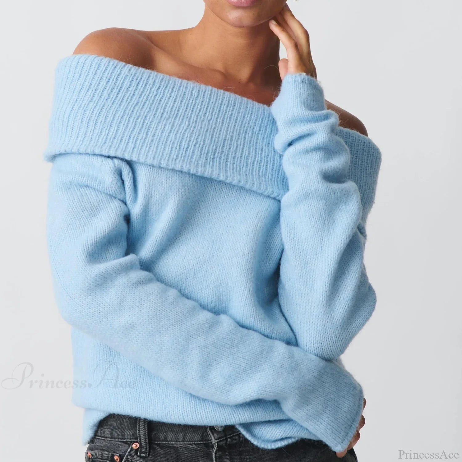 Off Shoulder Cropped Trendy Slouchy Knit Pullover Top Blue / S knittop-250126
