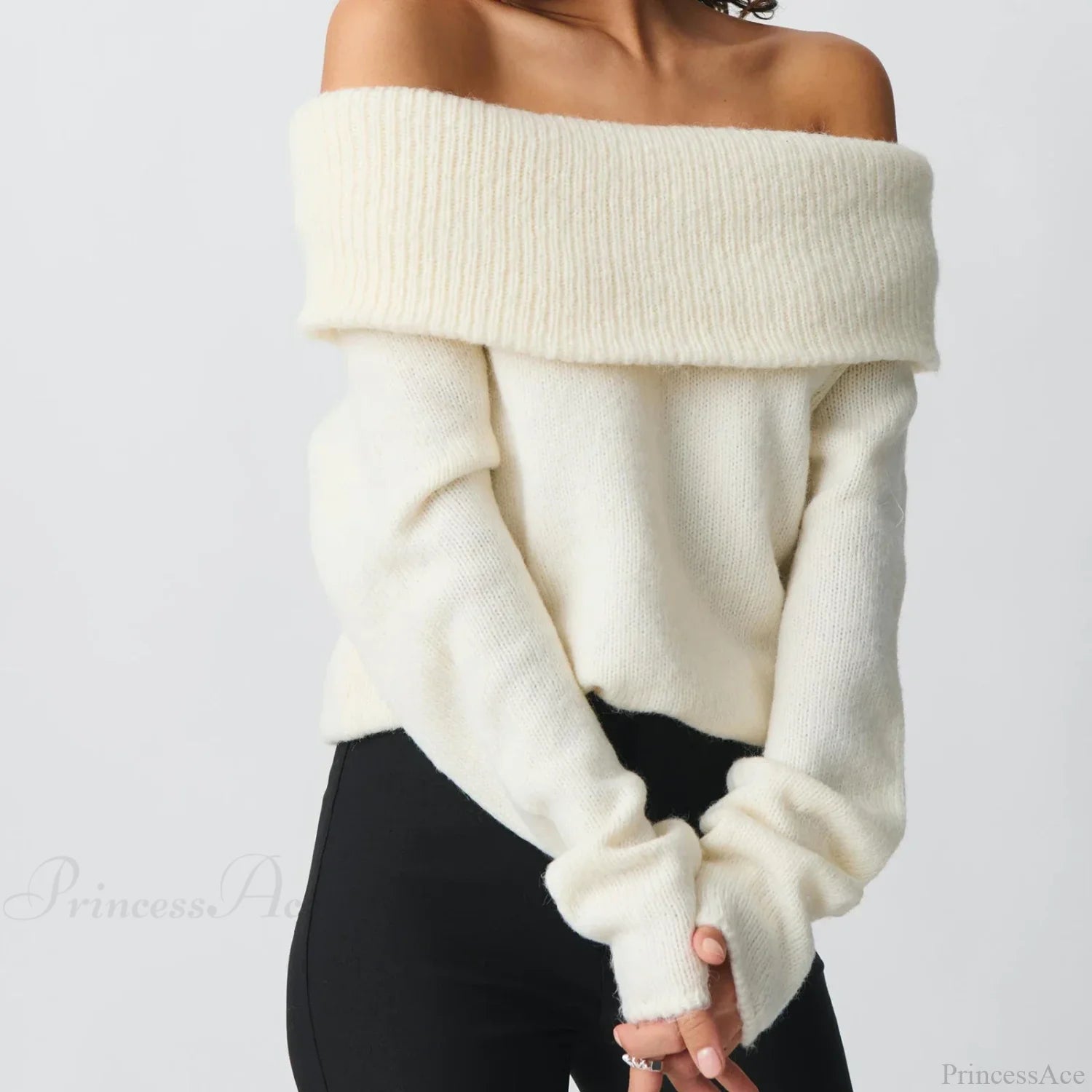 Off Shoulder Cropped Trendy Slouchy Knit Pullover Top WHITE / S knittop-250126