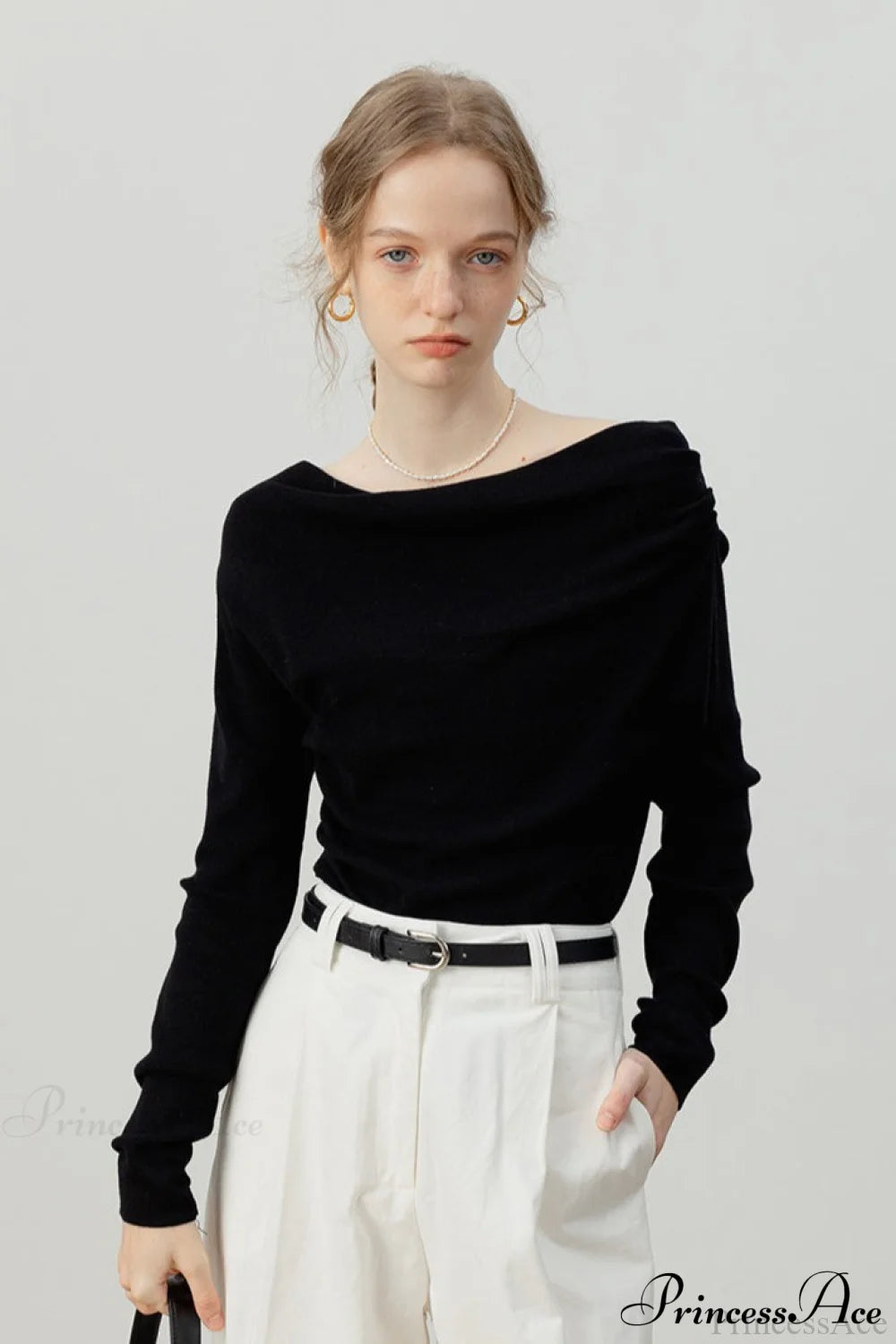 Off-Shoulder Draped Collar Waist-Cinched Knit Top