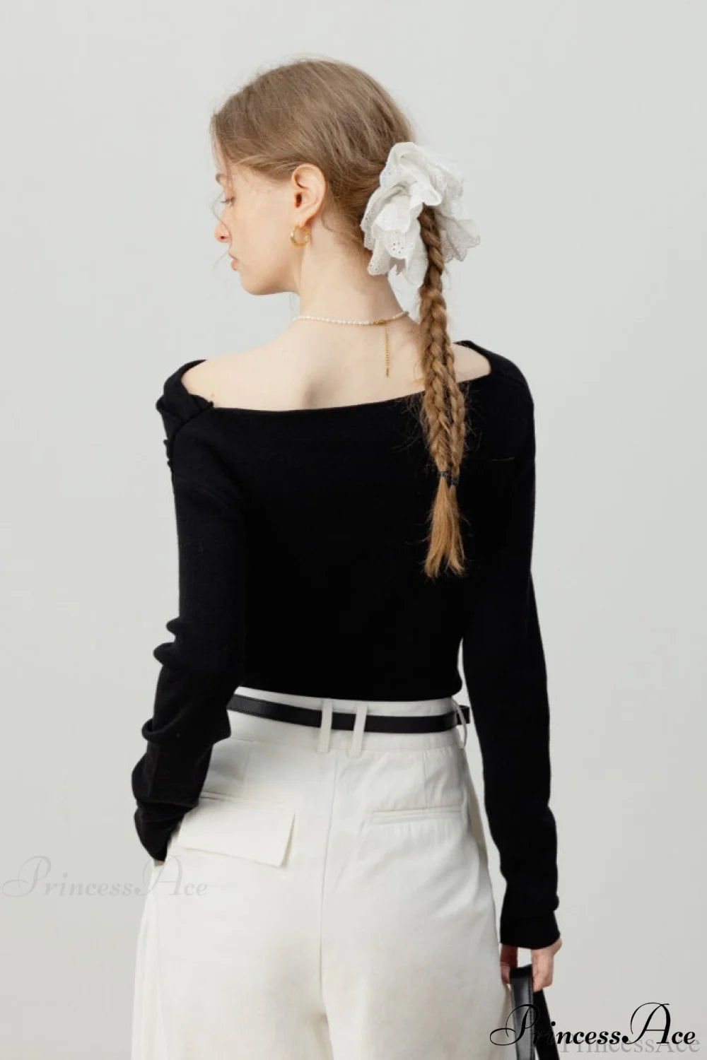 Off-Shoulder Draped Collar Waist-Cinched Knit Top