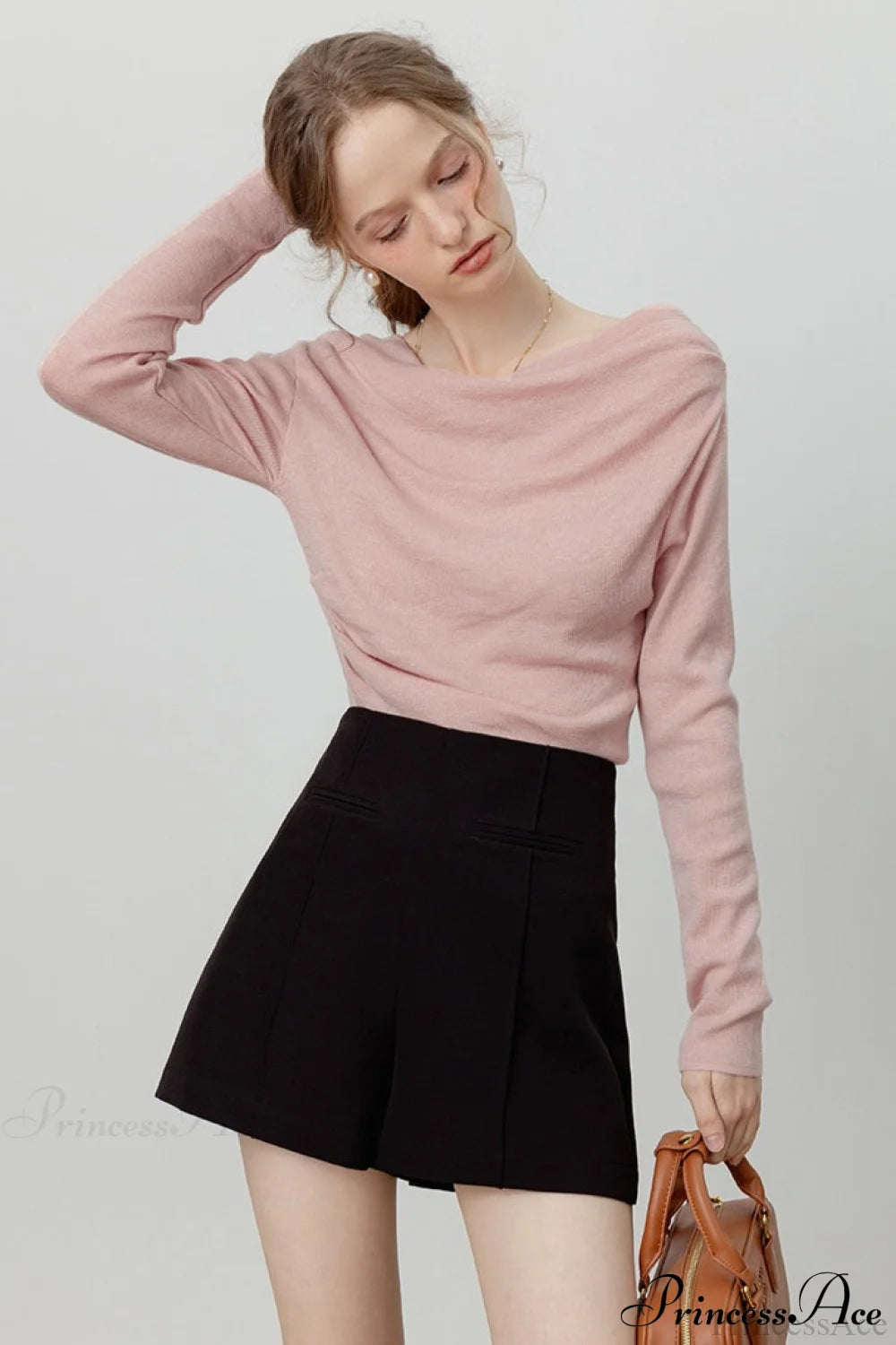 Off-Shoulder Draped Collar Waist-Cinched Knit Top