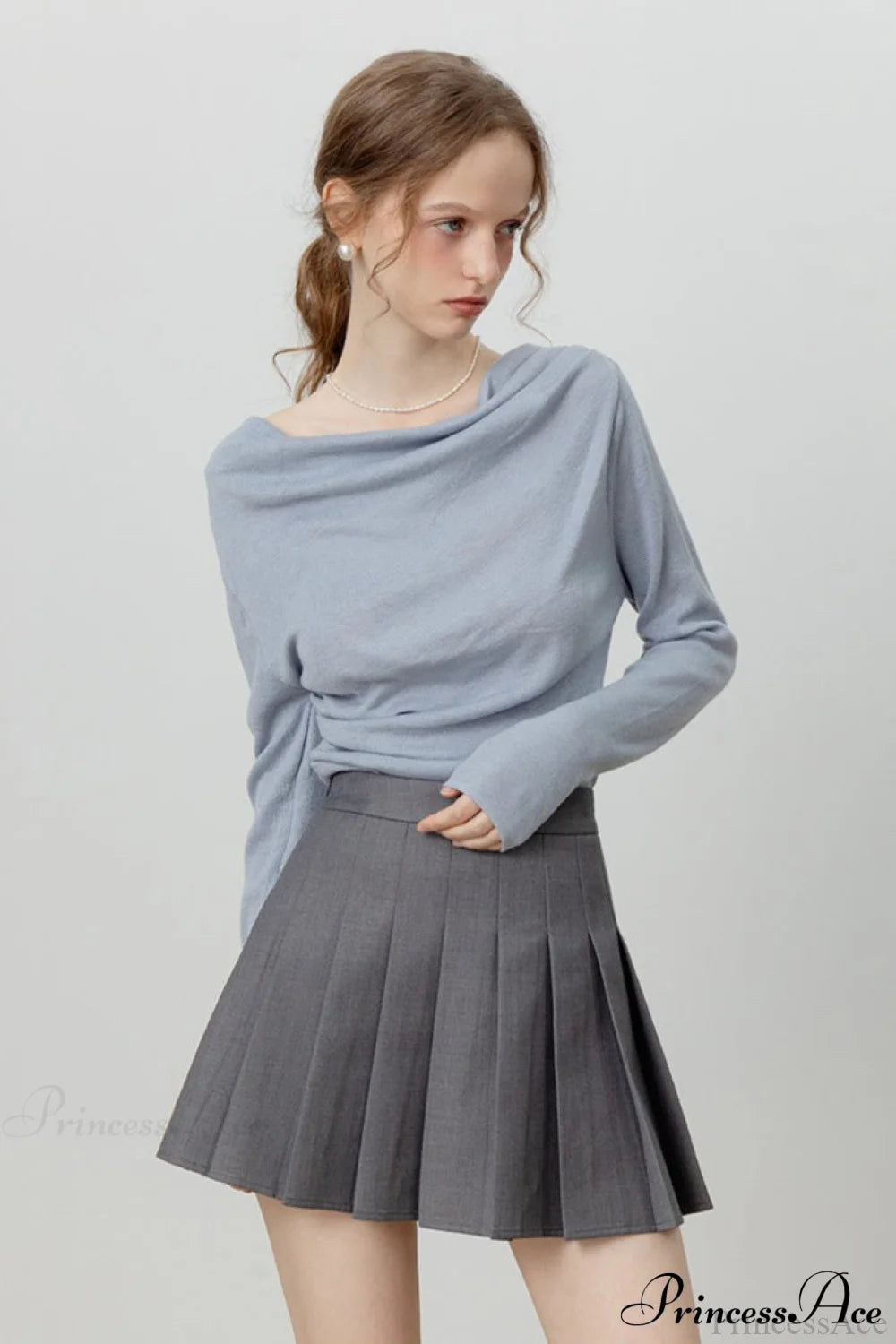 Off-Shoulder Draped Collar Waist-Cinched Knit Top