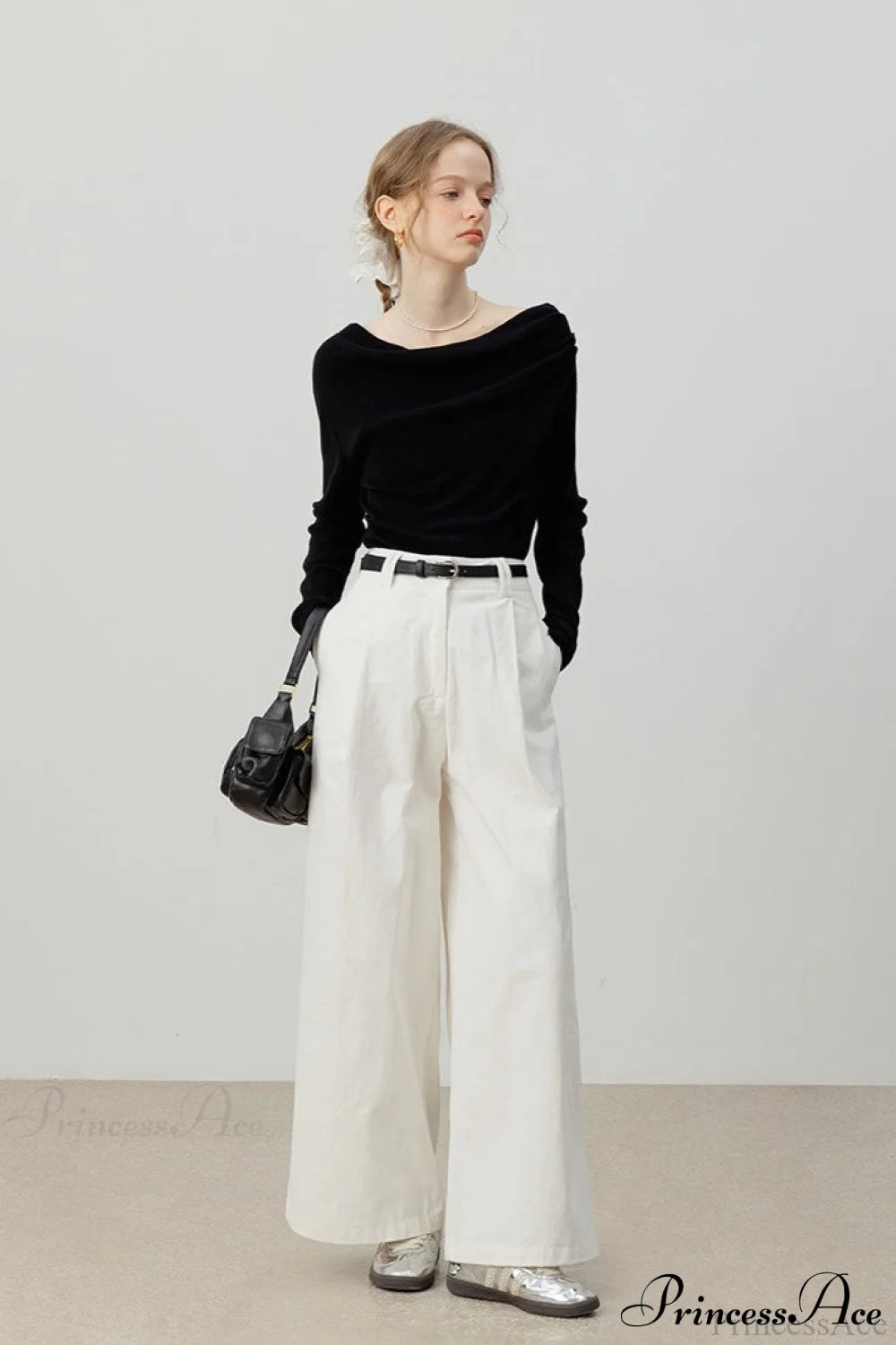 Off-Shoulder Draped Collar Waist-Cinched Knit Top