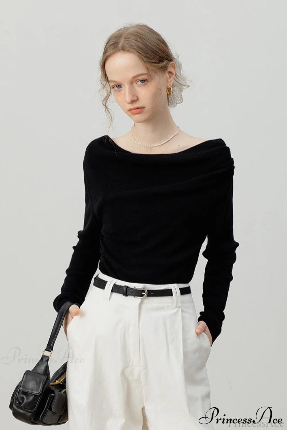 Off-Shoulder Draped Collar Waist-Cinched Knit Top Black / S