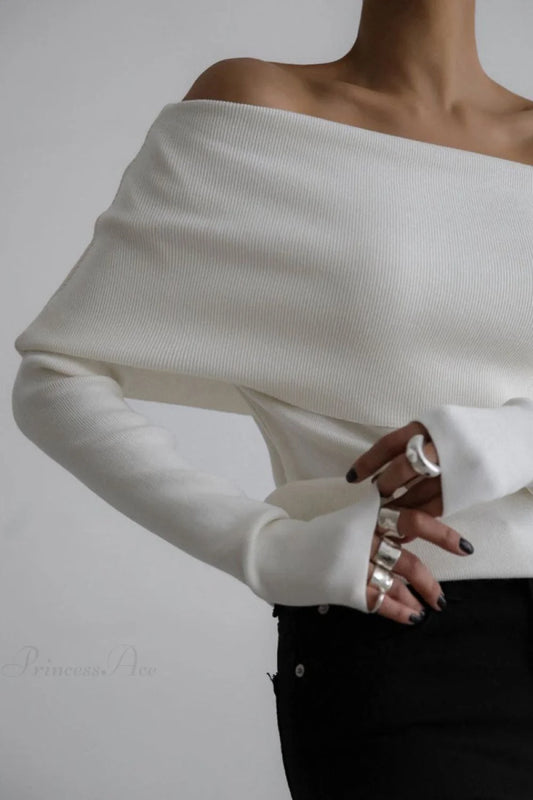 Off-Shoulder Fitted Long-Sleeve Knit Top White / S