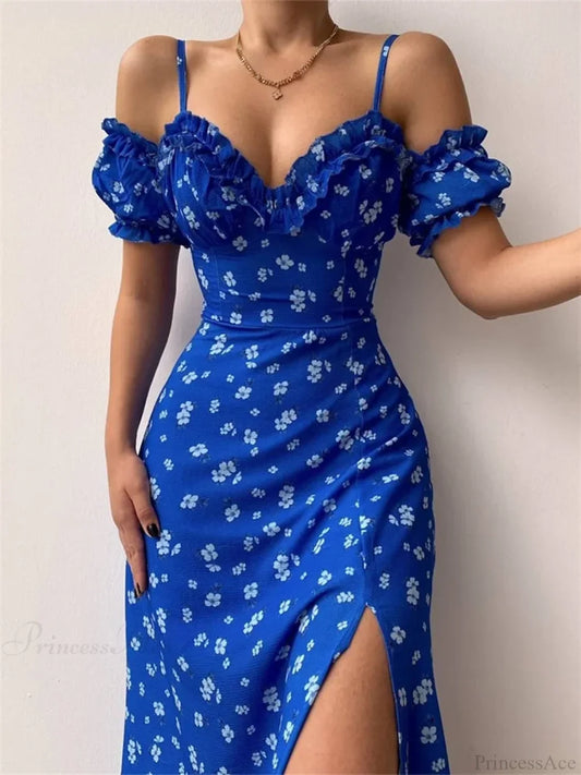 Off-Shoulder Frilly Suspender Short Sleeve Split Mid-Length A-Line Floral Dress Blue / S floraldress-250126