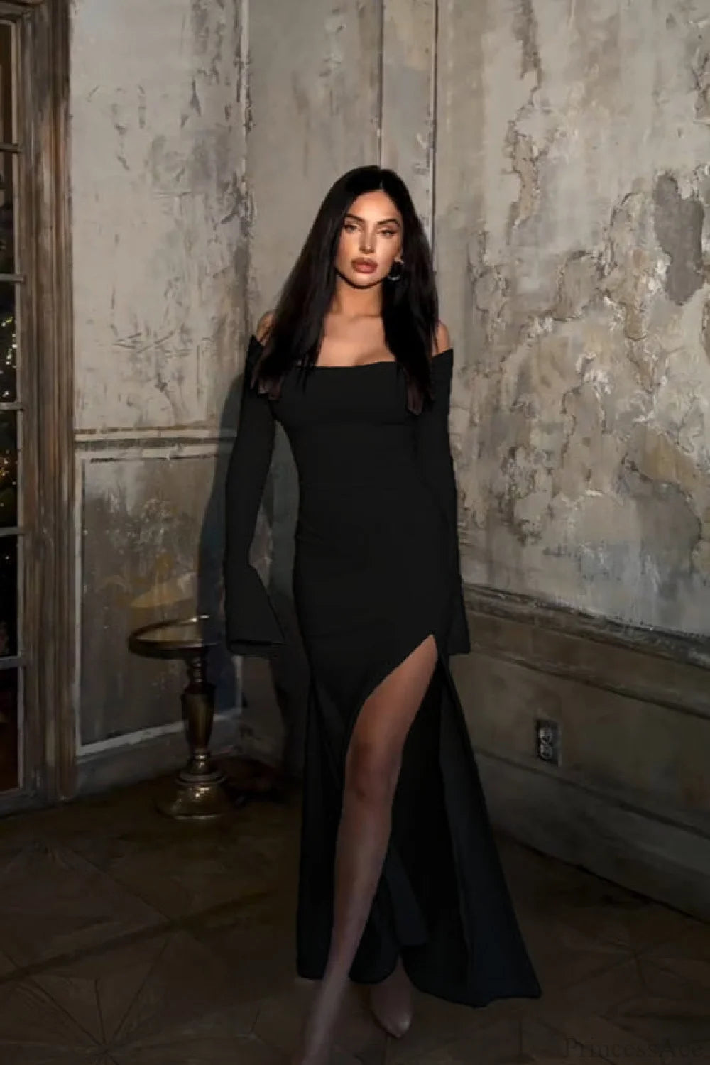 Off Shoulder Tie Fitted Elegant Maxi Dress Black / XS