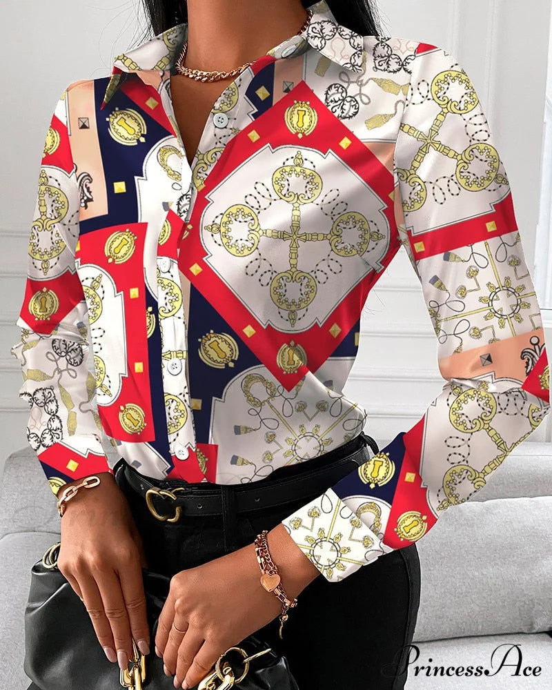 Office Lady Print Button Shirts 6 / S