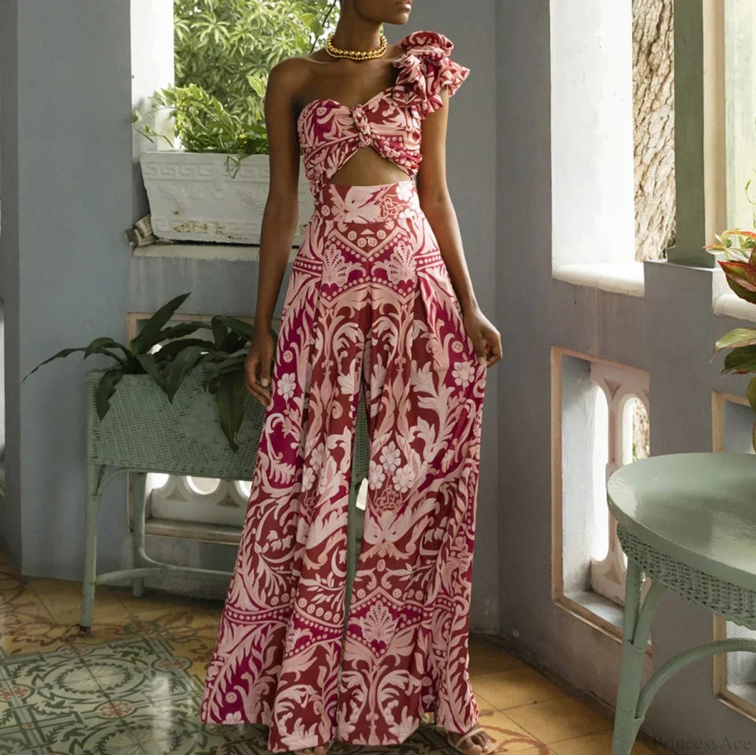 One Shoulder Print Pants Two Piece Set