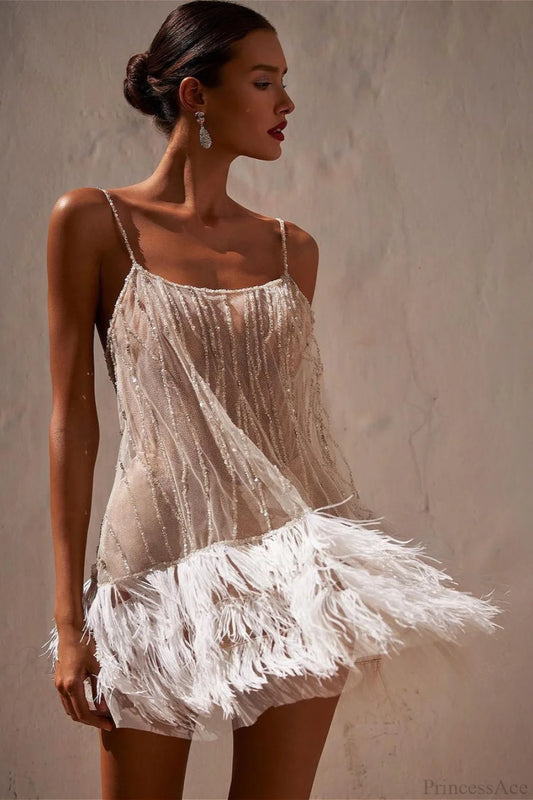 Open-Back Beaded Tiered Tassel Short Party Dress