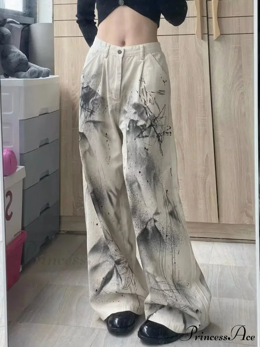 Original Speckler Artist Ink Graffiti Loose Straight Tube Casual Women’s Jean Apricot / S