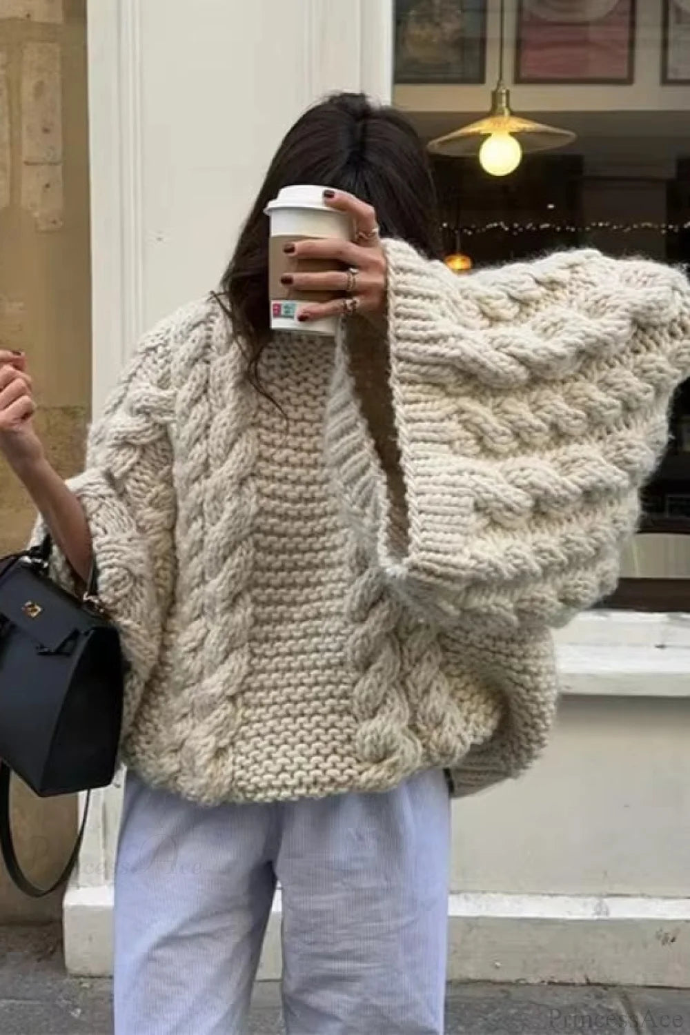 Oversized Cable Knit Crew Neck Sweater