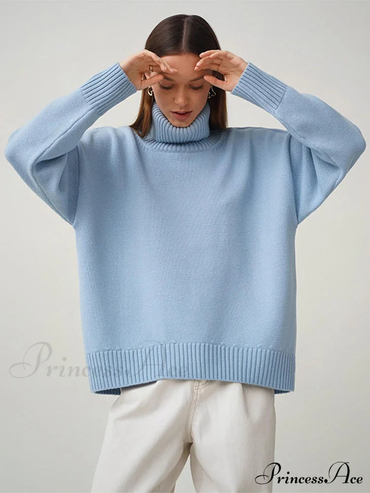 Oversized Casual Turtleneck Solid Color Pollover Sweater Light Blue / One Size