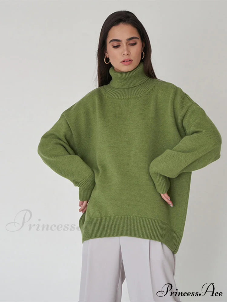 Oversized Casual Turtleneck Solid Color Pollover Sweater Light Green / One Size