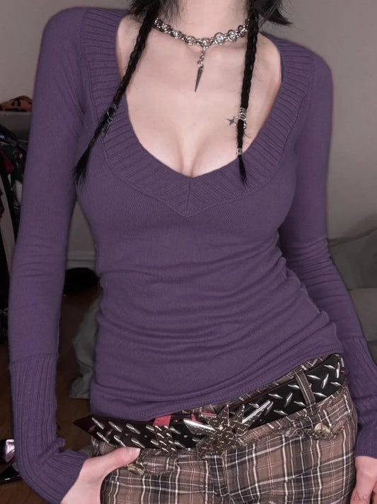 Pastel V-neck Knit Top Purple / S