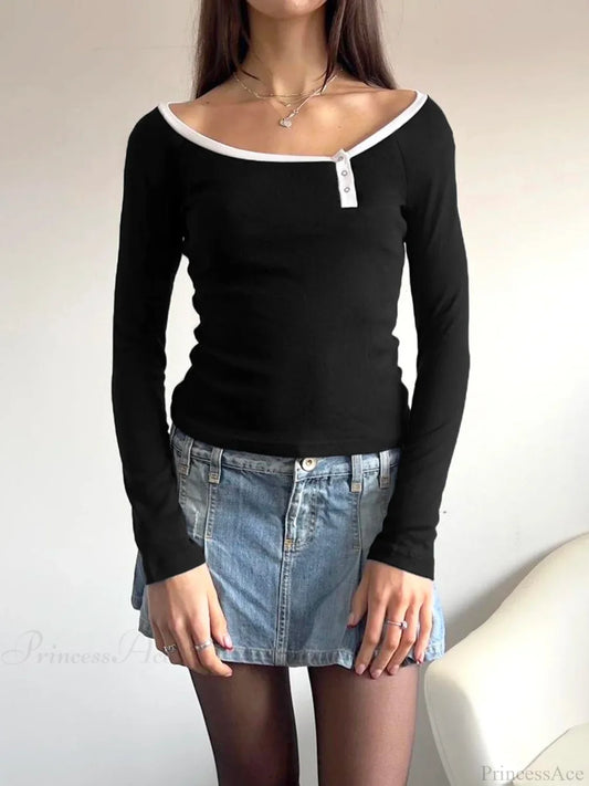 Patchwork Contrast Color Slim O-Neck Long Sleeve Knit Top Black / S knittop-250126