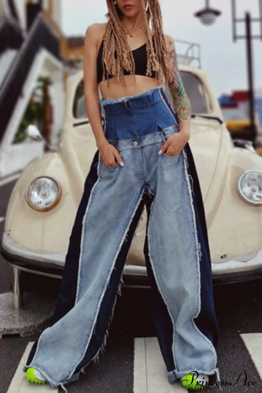Patchwork Denim Waist High Jeans Denim/Jeans