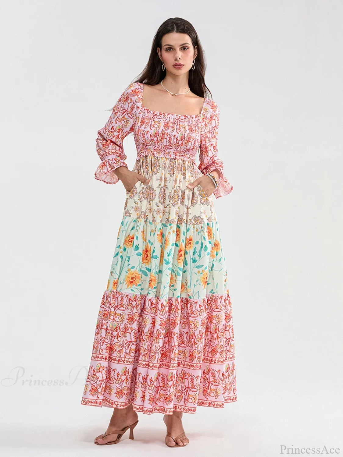 Patchwork Floral Bohemian Off-Shoulder Puff Sleeve Ruffled Vacation Beach Dress PINK / S floraldress-250126