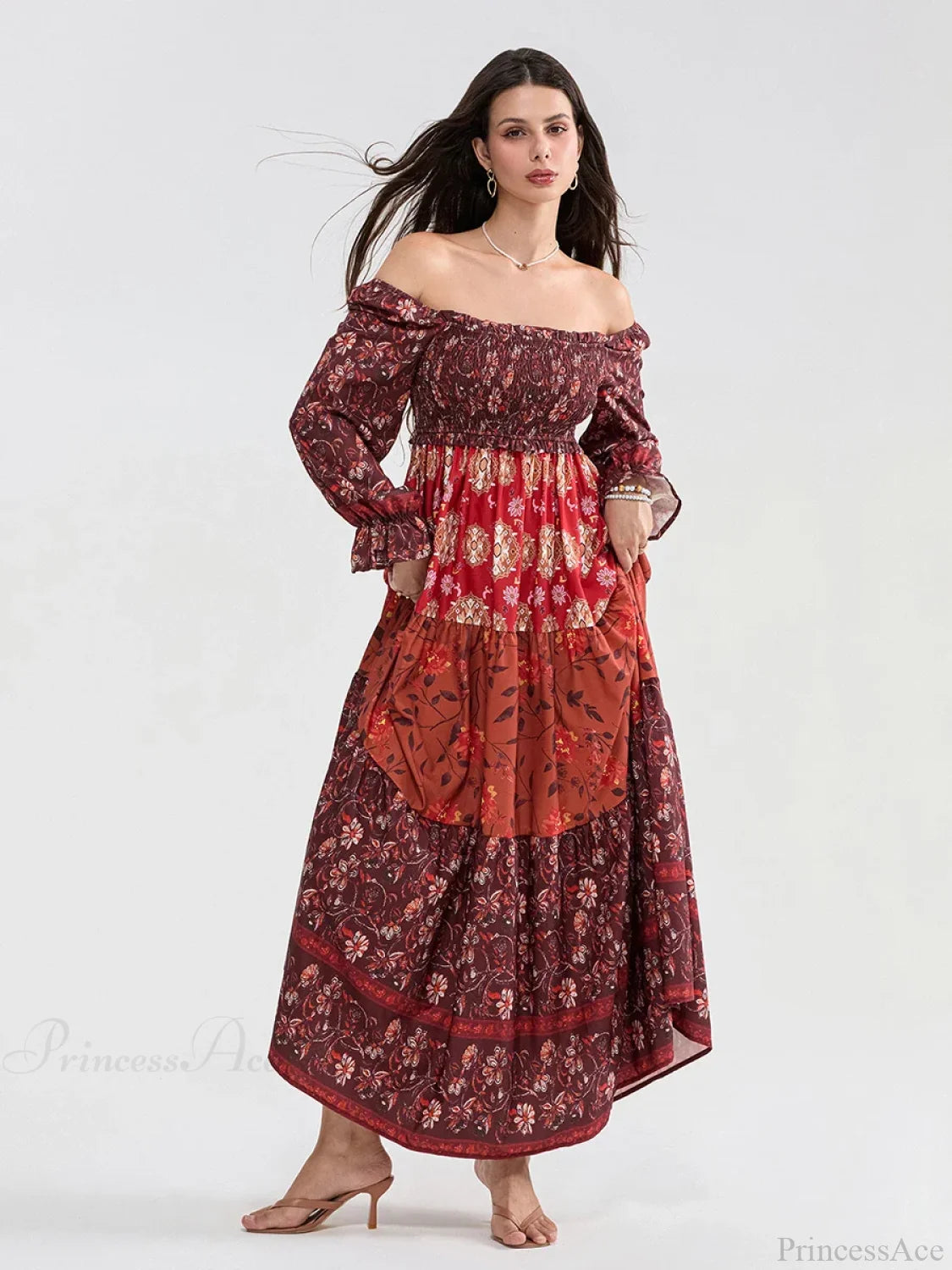 Patchwork Floral Bohemian Off-Shoulder Puff Sleeve Ruffled Vacation Beach Dress RED2 / S floraldress-250126