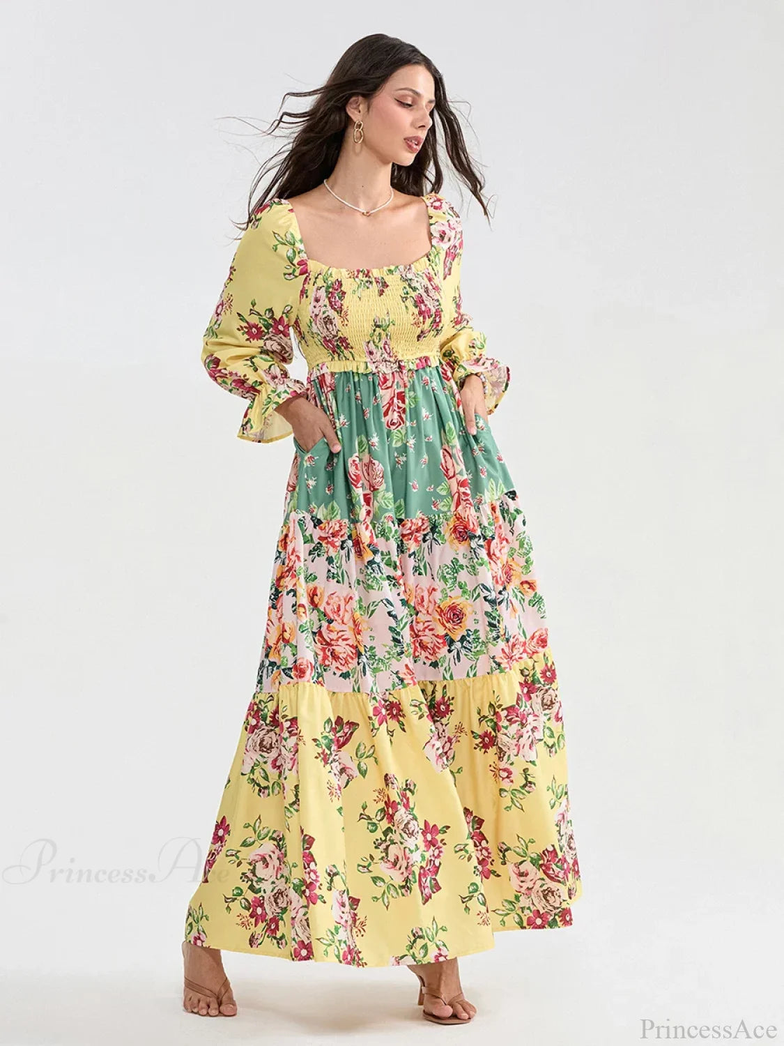 Patchwork Floral Bohemian Off-Shoulder Puff Sleeve Ruffled Vacation Beach Dress YELLOW / S floraldress-250126