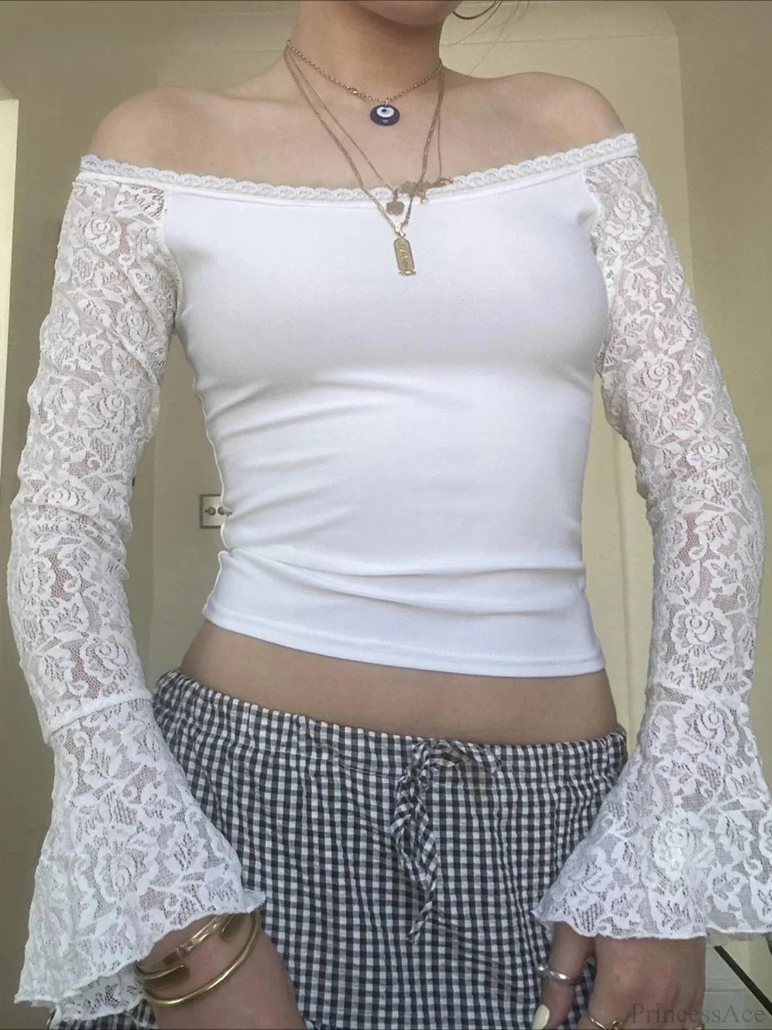 Patchwork Lace Slim Slash Neck Flare Sleeve Long Sleeve Knit Top WHITE / S knittop-250126