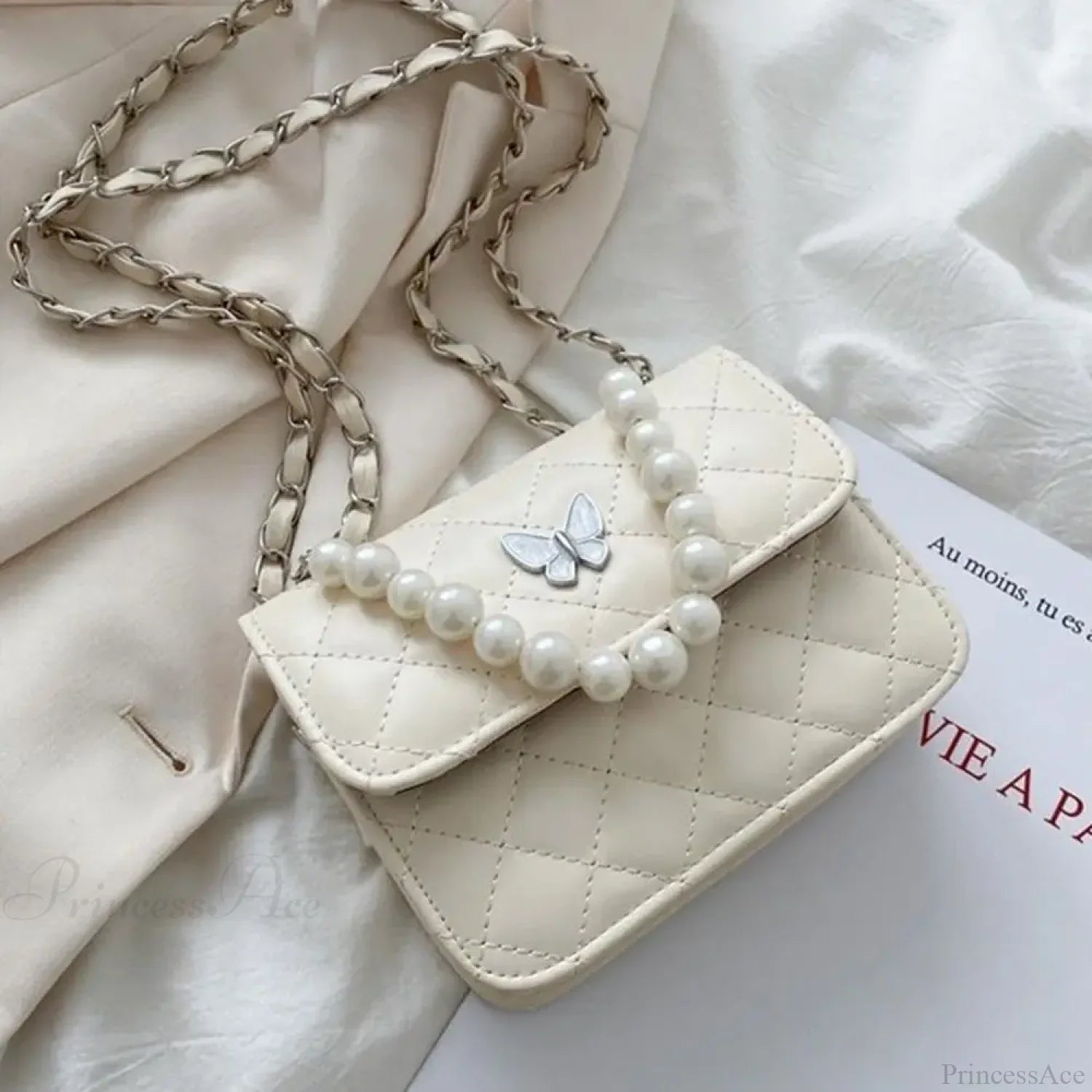 Pearl Shoulder Handbag PU Leather All-Match Tote White handbag-250126