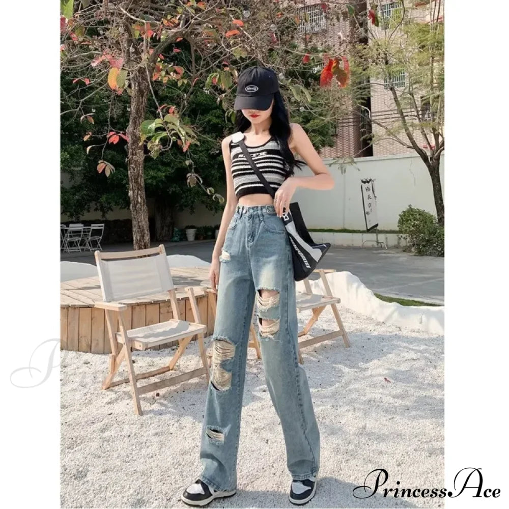 Perforated Jean Pear-Shaped Figure High Waist Straight Tube Loose Fitting Wide Leg Pants Small