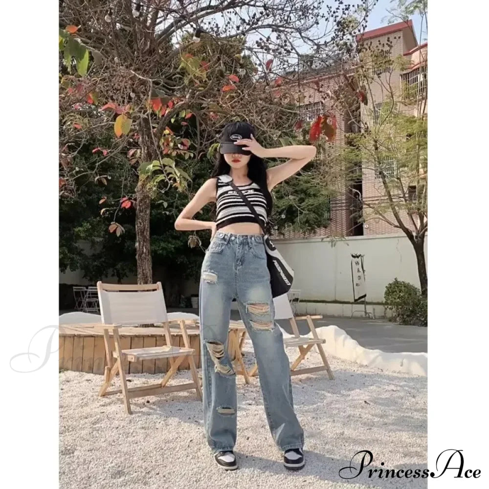 Perforated Jean Pear-Shaped Figure High Waist Straight Tube Loose Fitting Wide Leg Pants Small