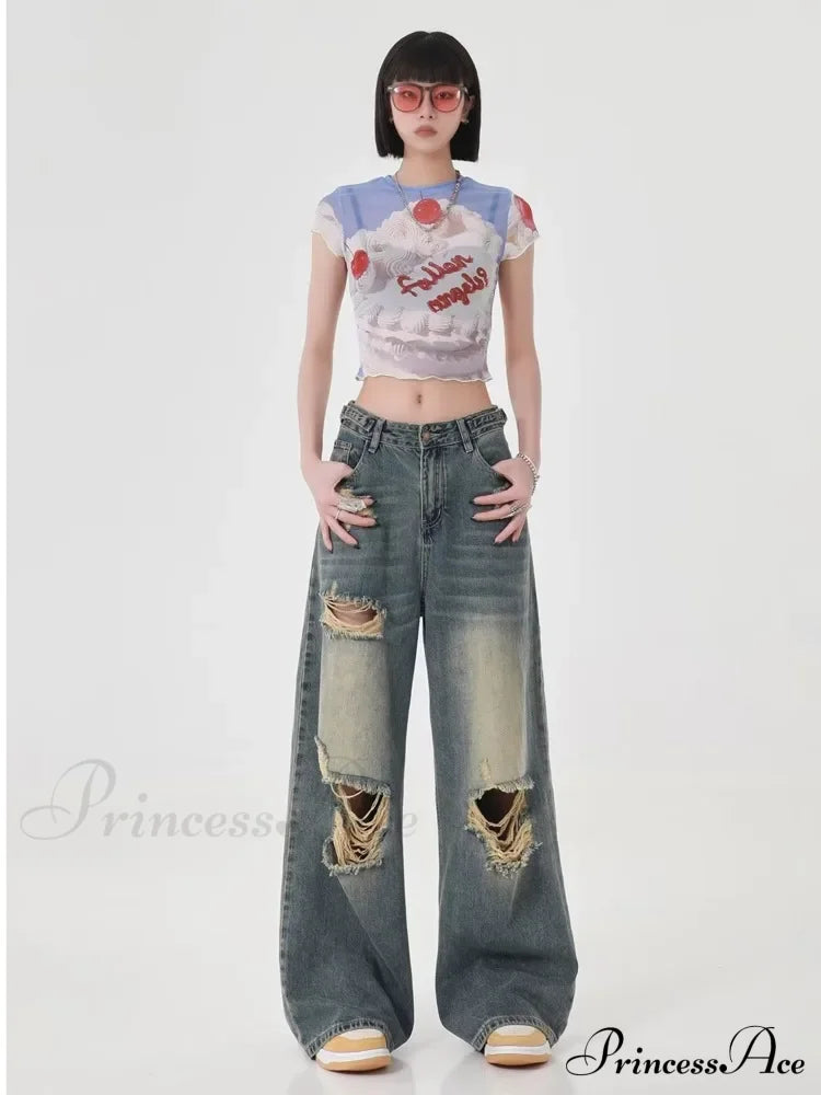 Perforated Women’s Summer New Ins Fashion Brand Straight Tube Loose Sweeping High Street Jean