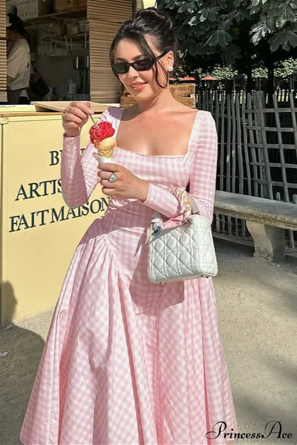 Plaid Flare Sleeve Waist Fitted Square Neck Maxi Dress Pink / S