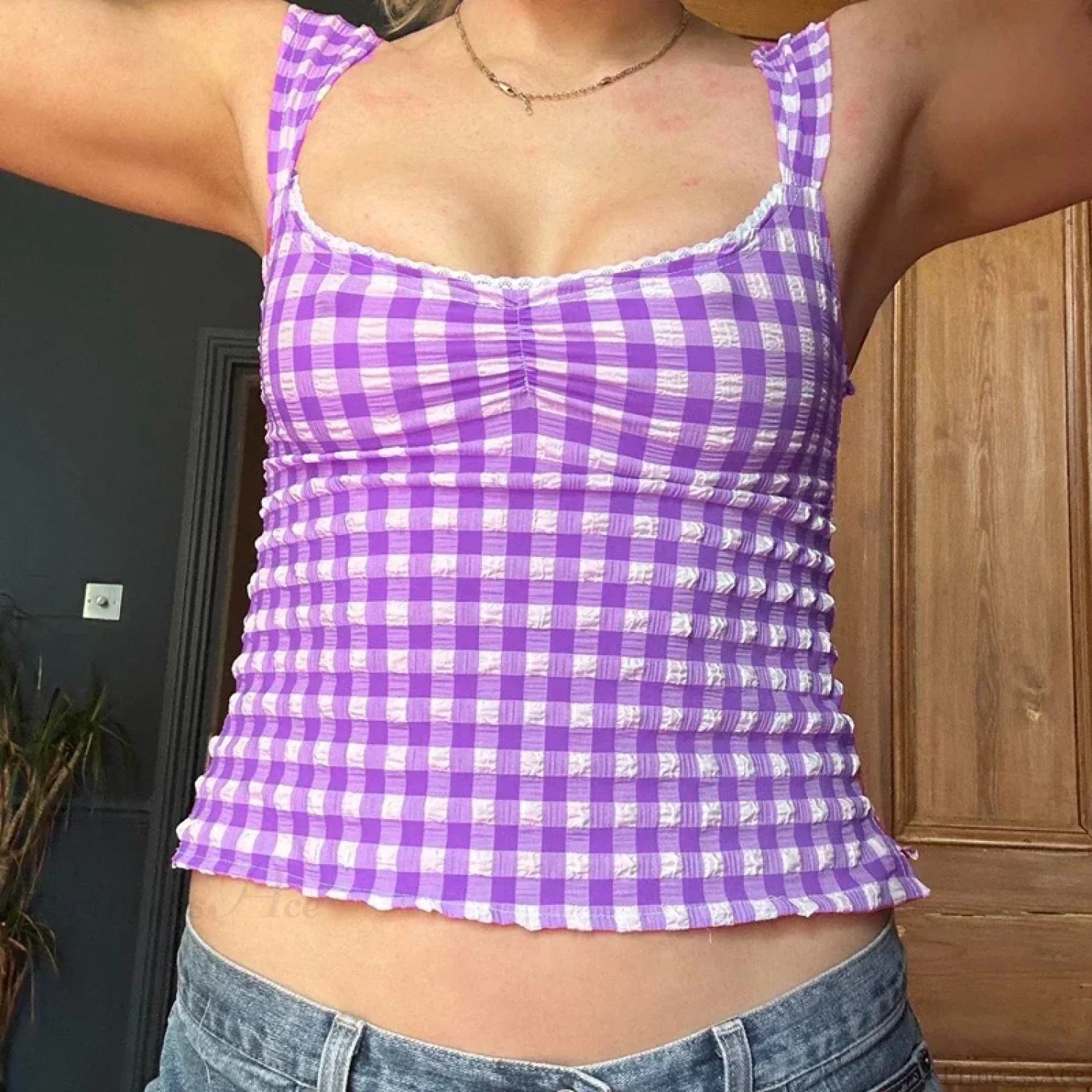 Plaid Gingham Lace Trim Square Collar Slim Fit Y2K Vintage Backless Crop Top croptop-250126