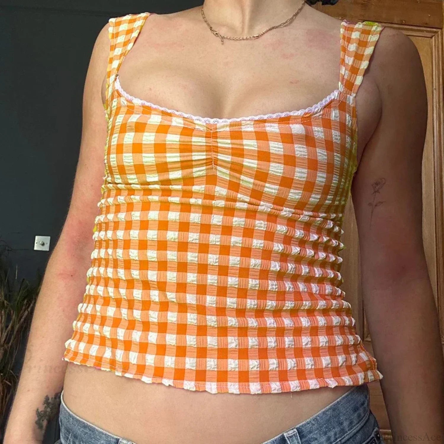 Plaid Gingham Lace Trim Square Collar Slim Fit Y2K Vintage Backless Crop Top croptop-250126