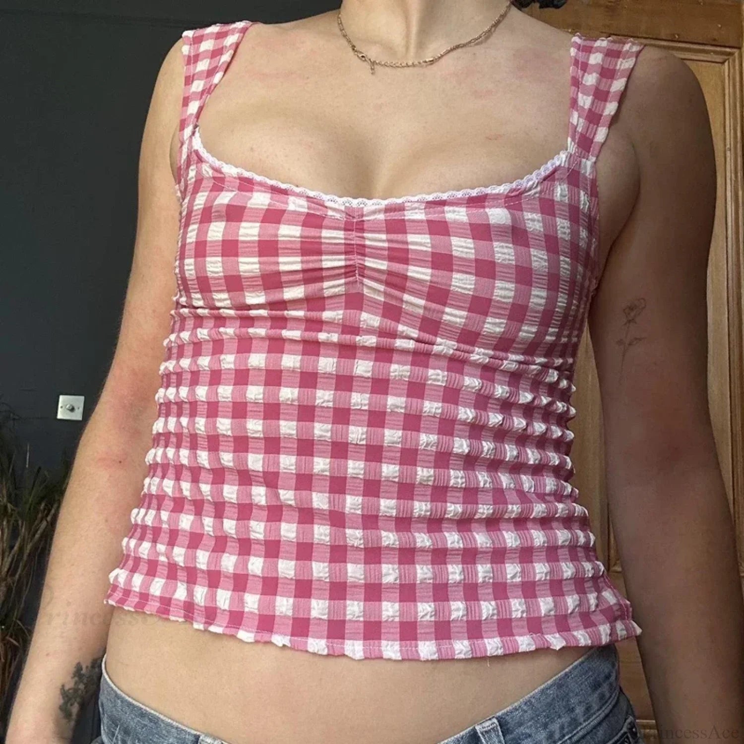 Plaid Gingham Lace Trim Square Collar Slim Fit Y2K Vintage Backless Crop Top croptop-250126