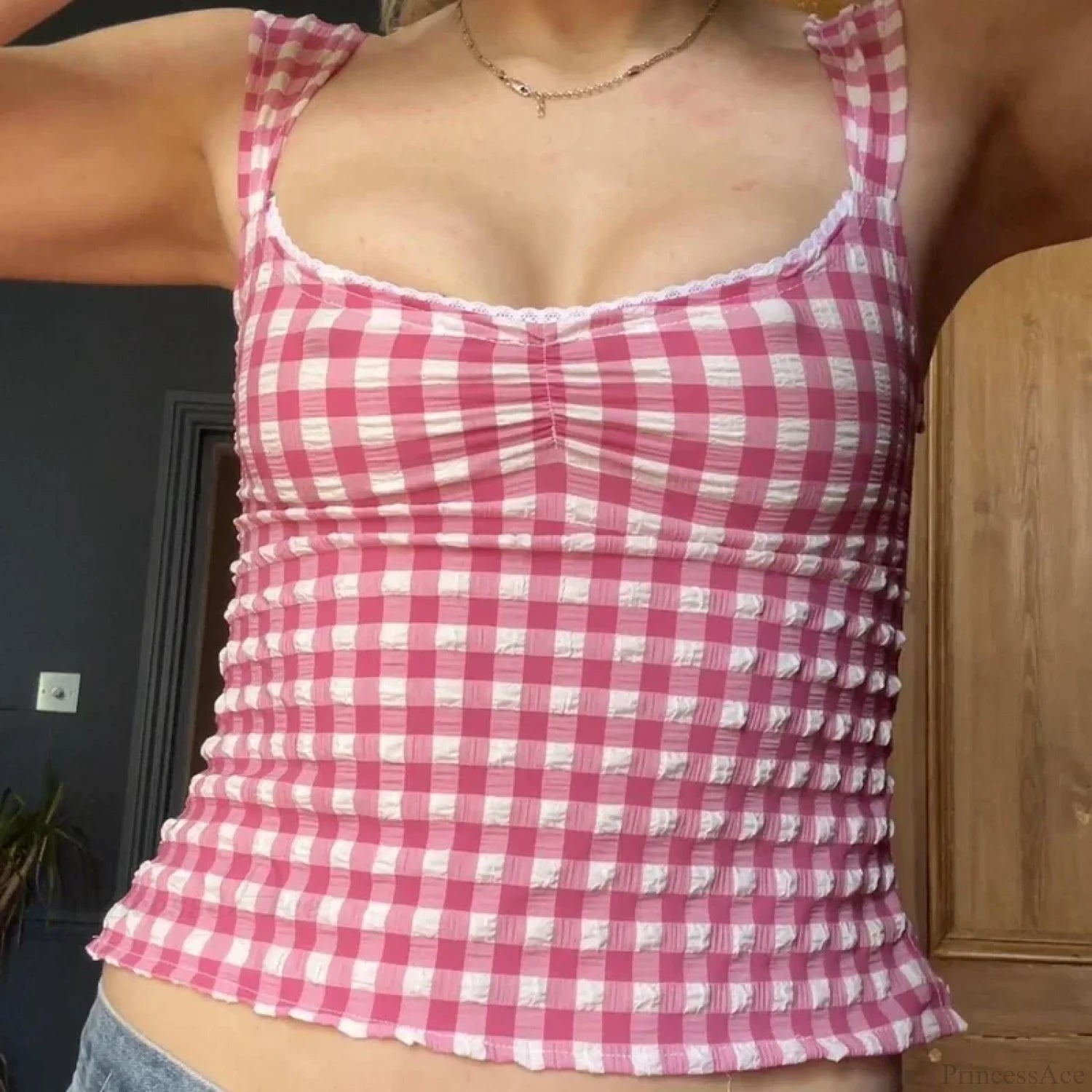 Plaid Gingham Lace Trim Square Collar Slim Fit Y2K Vintage Backless Crop Top croptop-250126